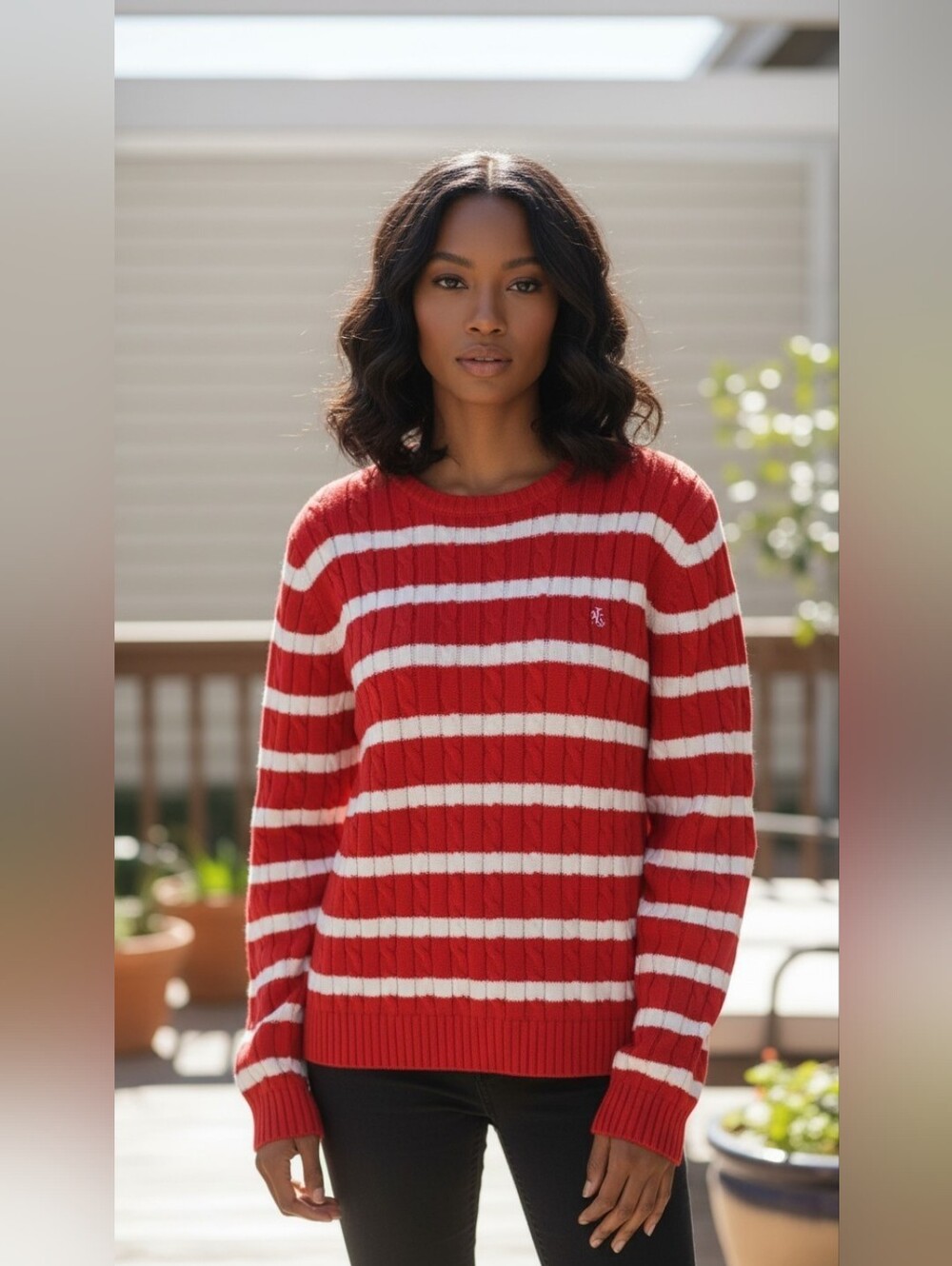 Lauren Ralph Lauren Red White Stripe Cable Knit Sweater 100% Cotton Size L